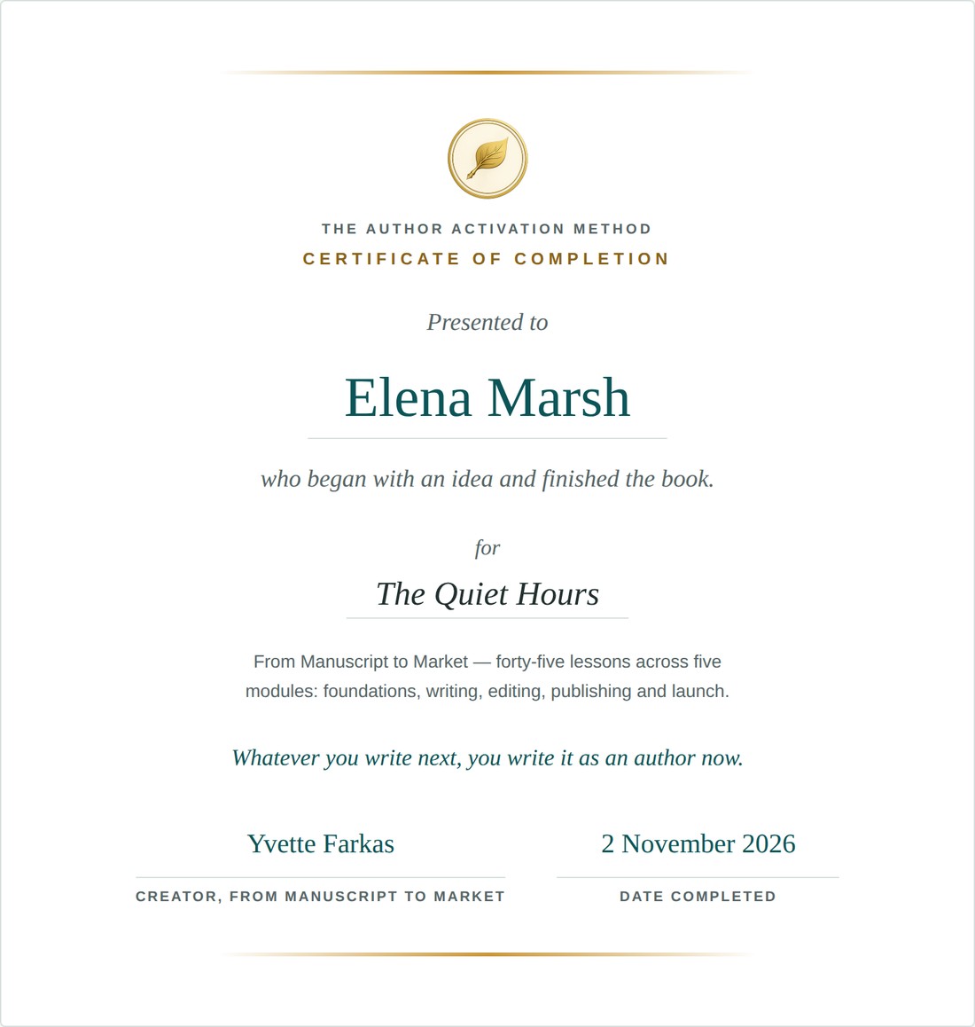 The From Manuscript to Market certificate of completion, naming the author and their book