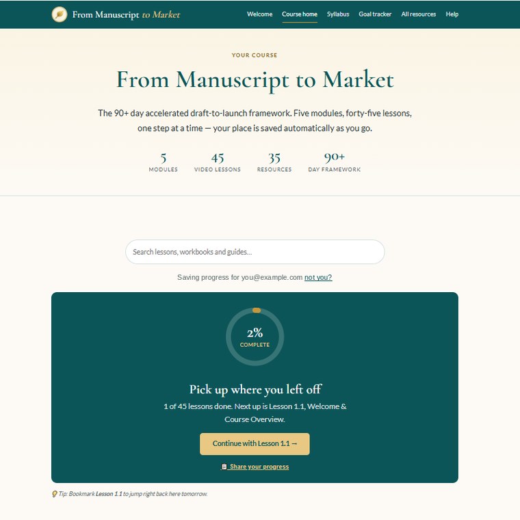 The course home page showing overall progress and the next lesson to open
