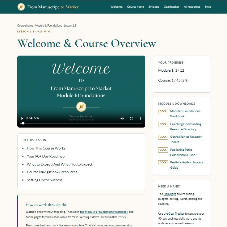 A lesson page with the video, the topics covered and the module downloads beside it
