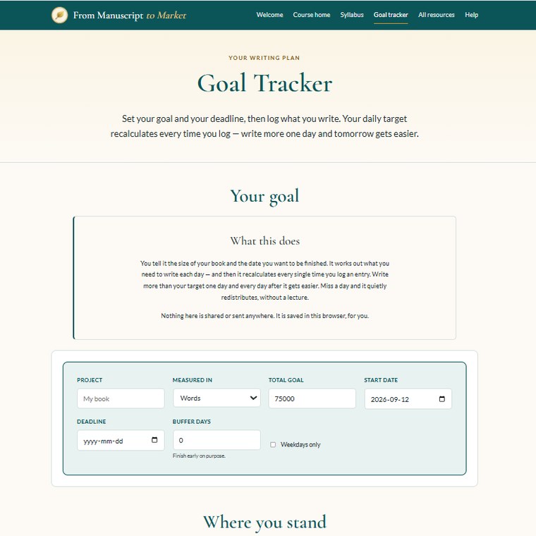 The Goal Tracker showing a word-count goal, deadline and daily target
