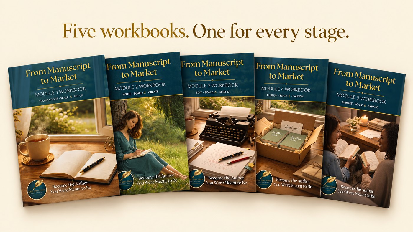 The five From Manuscript to Market module workbooks fanned out, one for each stage